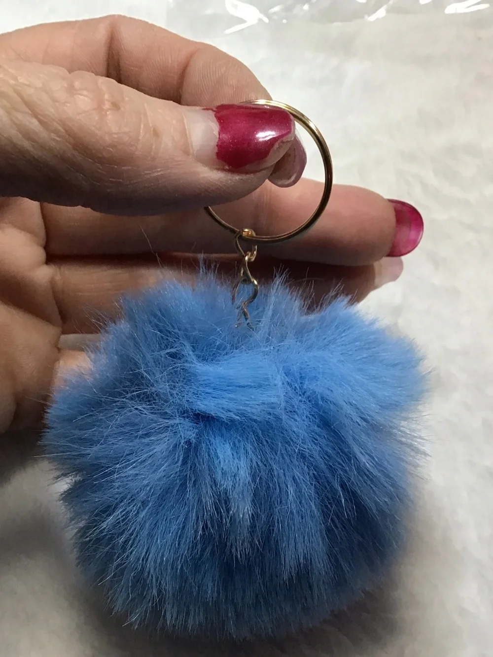 Blue Faux Fur Pom Keychain - Gold Hardware